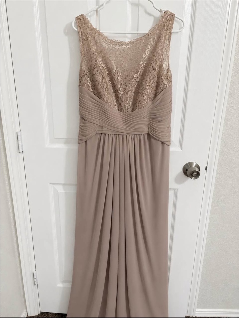 David's Bridal Lace Bodice Maxi Dress in Taupe